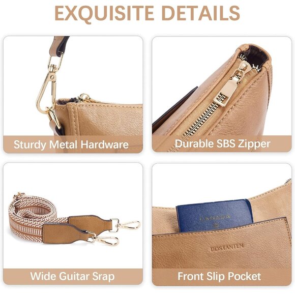 Elegant Vegan Leather Crossbody Bag with Adjustable Guitar Strap - 10.19" Tan - Picture 5 of 8